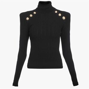 EXPRESS Black Turtleneck Sweater Military Gold Button Accent Balmain-Style Small